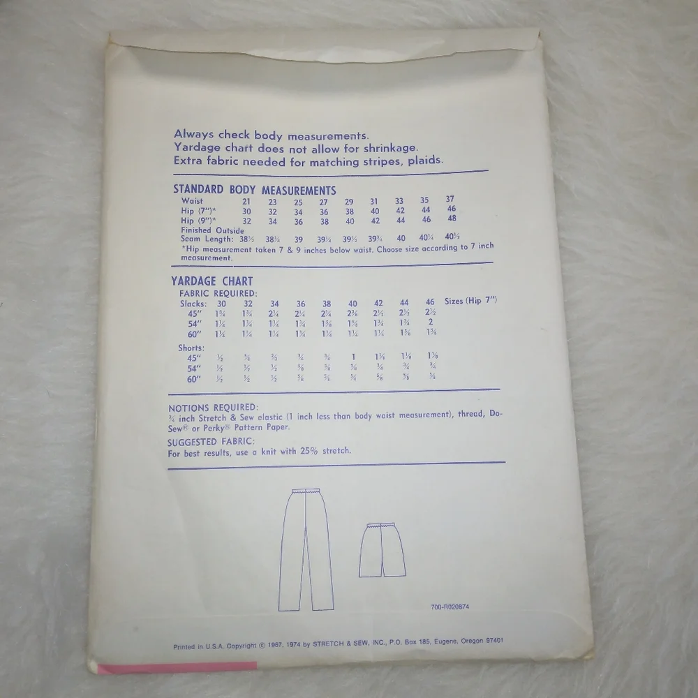 STRETCH & SEW 700 Misses' Slacks and Shorts, Hip size 30-32-34-36-38-40-…